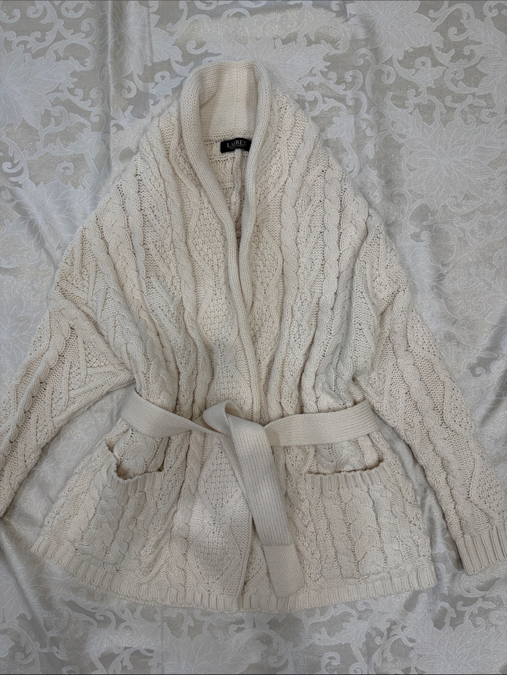 Lauren Ralph Lauren Cream Cable-Knit Shawl-Collar Belted Cardigan